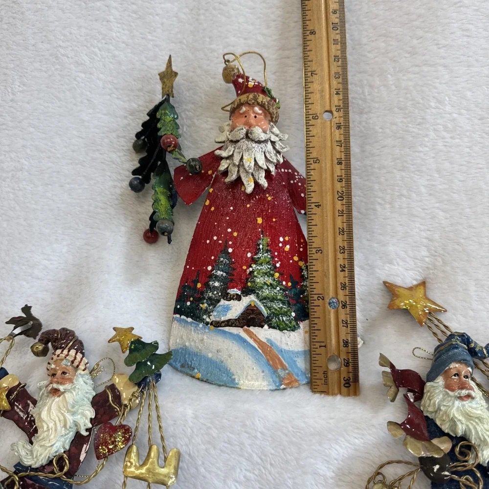 Set of 3 Vintage Style Santa Claus Christmas Ornaments Peace Noel Metal Folk Art